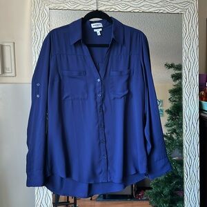 Express portofino blouse shirt slim size large blue navy work bottom down